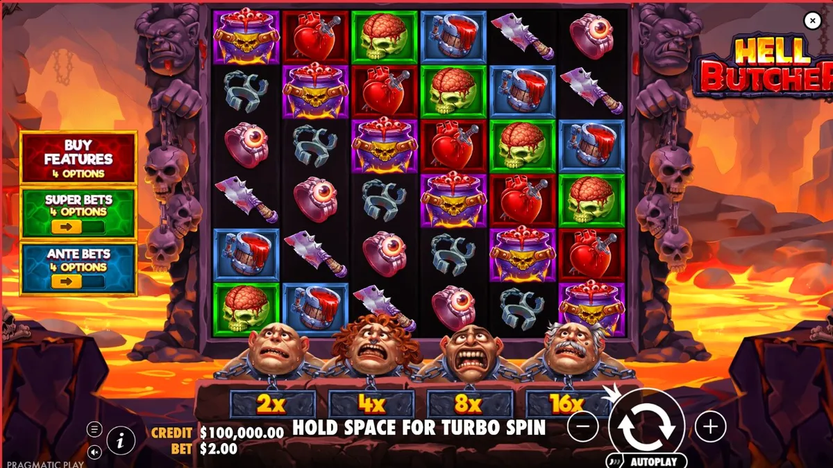 Hell Butcher slot game grid na may temang horror at mga simbolo ng karne