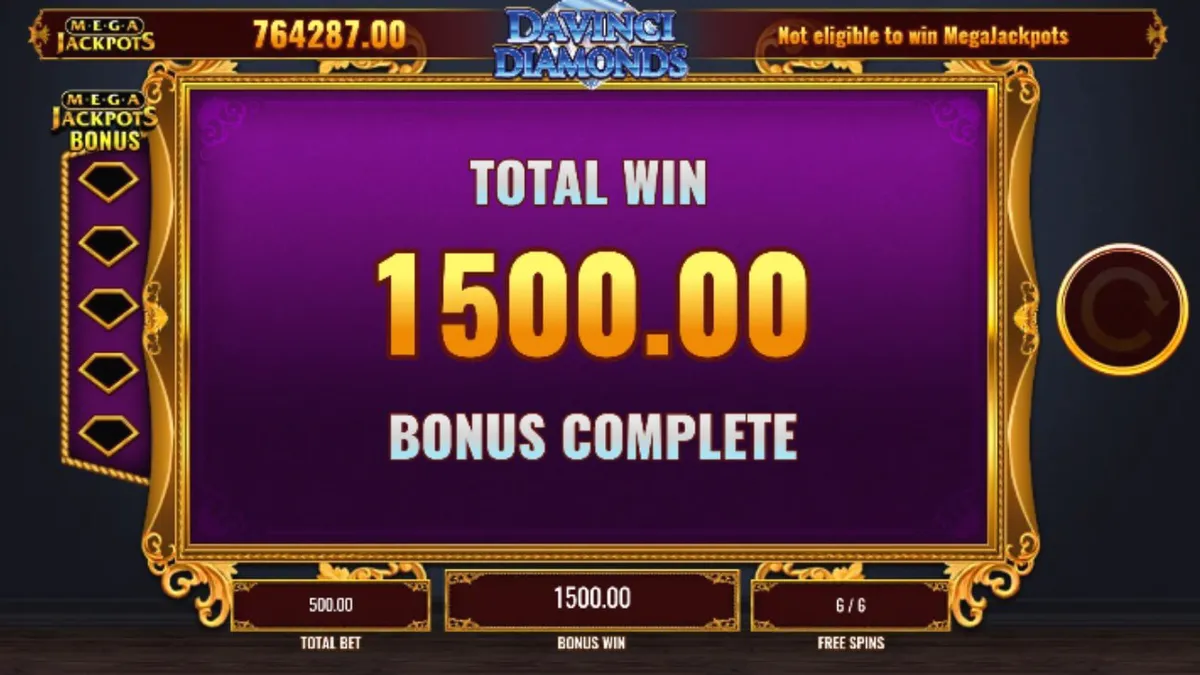 Isang visual na representasyon ng Mega Jackpot DaVinci Diamonds slot na nagtatampok ng mga hiyas at sining ng Renaissance.